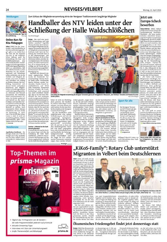 Zeitungsartikel über das Projekt „KiKoS-Family“ und die Unterstützung durch den Rotary Club Velbert.