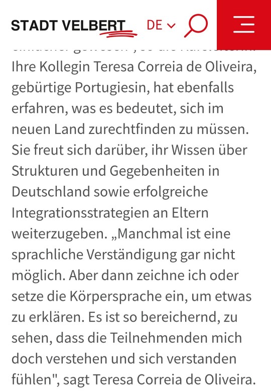 Presseartikel aus dem Archiv der Stadt Velbert über Teresa Correia de Oliveira und ihre Integrationsarbeit.
