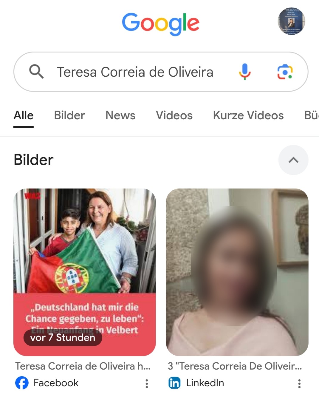 Google-Suchergebnis zu Teresa Correia de Oliveira mit dem WAZ-Bericht über den Neuanfang in Velbert.