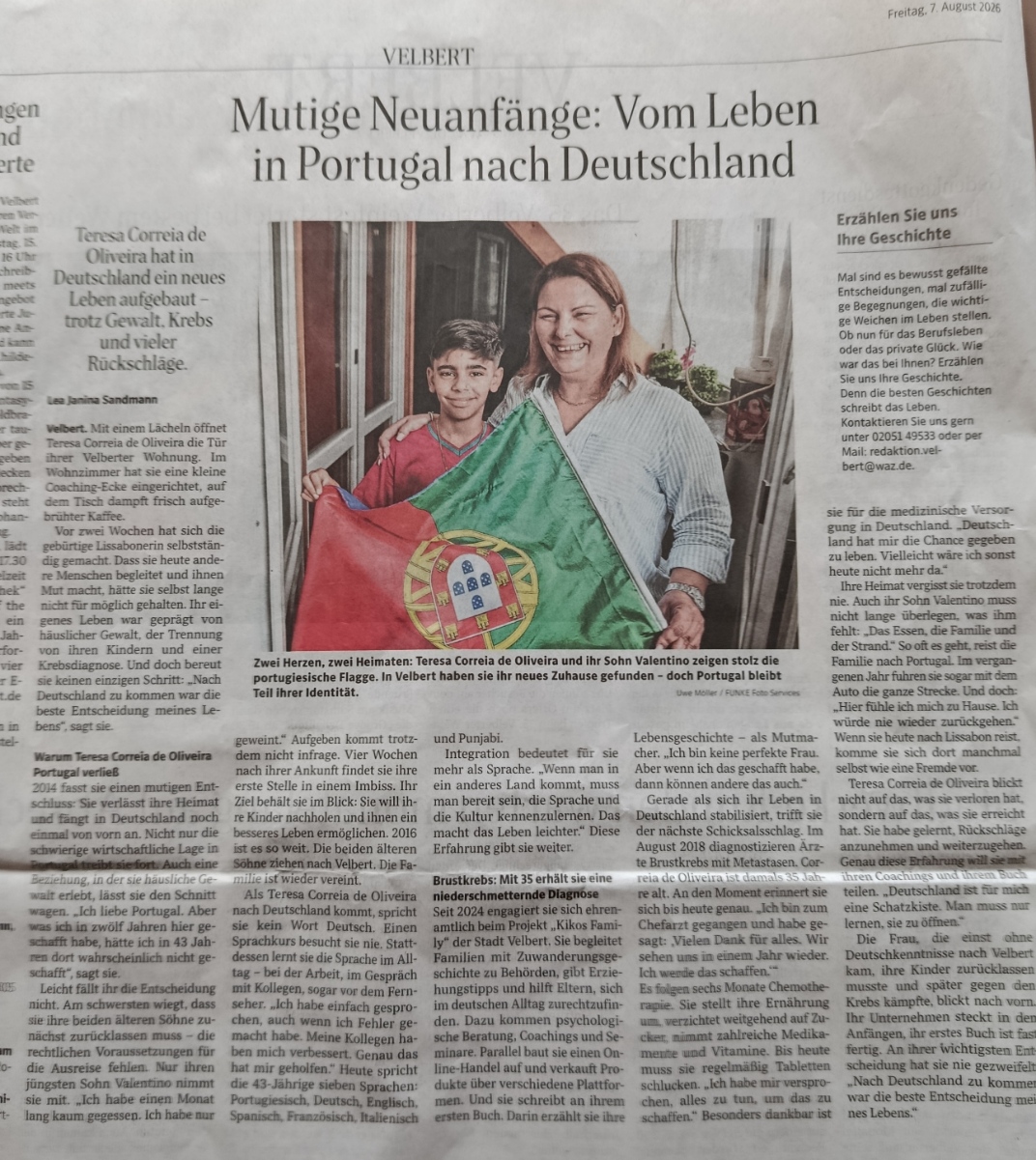 Zeitungsartikel der WAZ vom 7. August 2026: „Mutige Neuanfänge: Vom Leben in Portugal nach Deutschland“ über Teresa Correia de Oliveira.