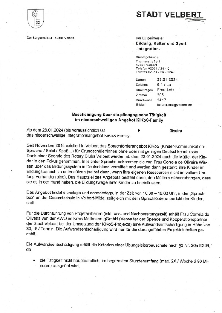 Vorschau: Bescheinigung der Stadt Velbert · Januar 2024