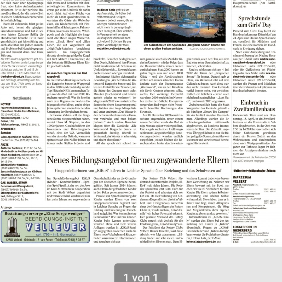 Zeitungsartikel: „Neues Bildungsangebot für neu zugewanderte Eltern“ – Gruppenleiterinnen von KiKoS klären in Leichter Sprache über Erziehung und Schulwesen auf.